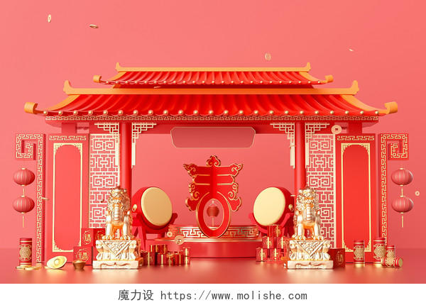 3D红色新年龙年新春美陈C4D背景展板